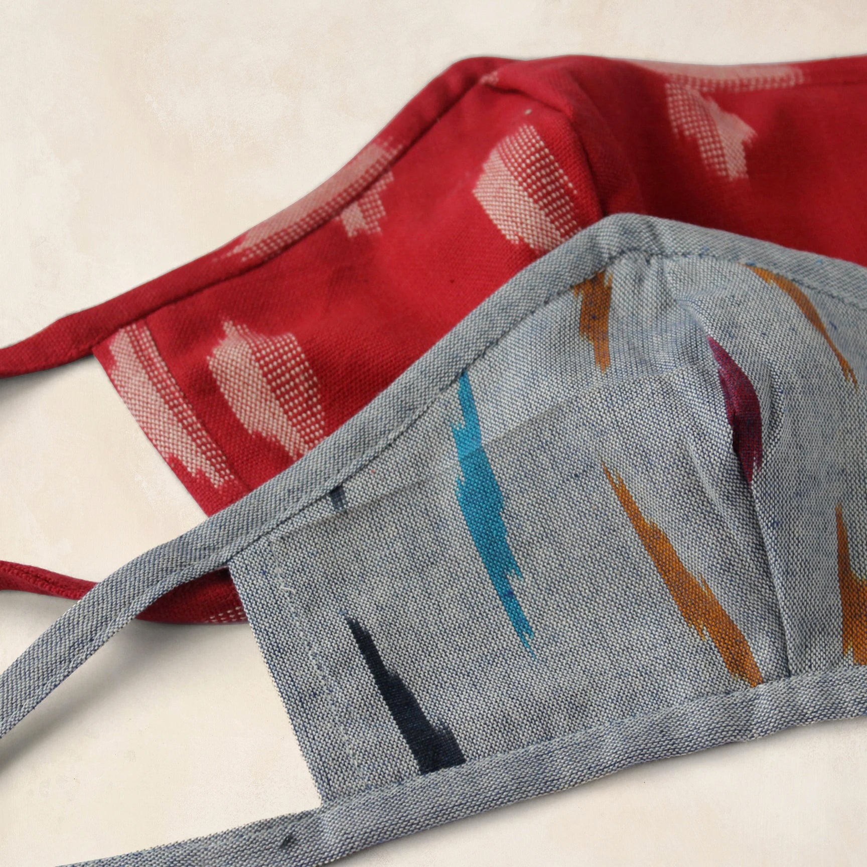 Set of 2 Ikat Face Masks - Sky Blue & Crimson Red