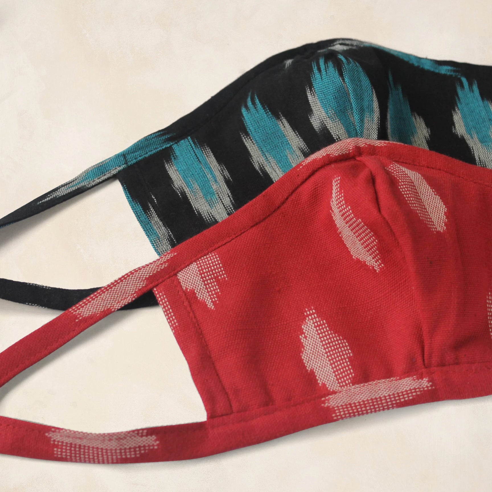 Set of 2 Ikat Face Masks - Cyan Blue & Crimson Red