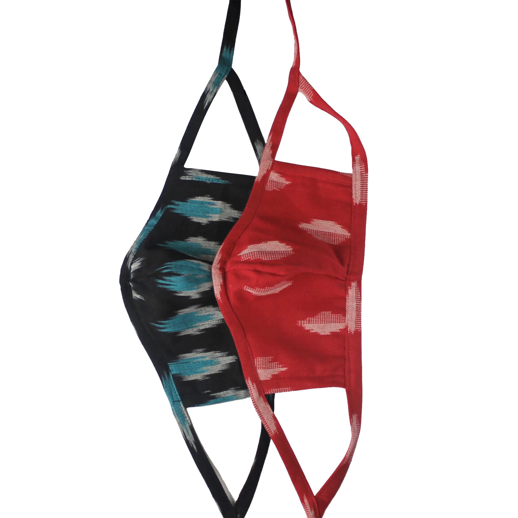 Set of 2 Ikat Face Masks - Cyan Blue & Crimson Red